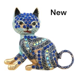 New Large Blue Rhinestone Cat Brooch – 2.36” Statement Pin